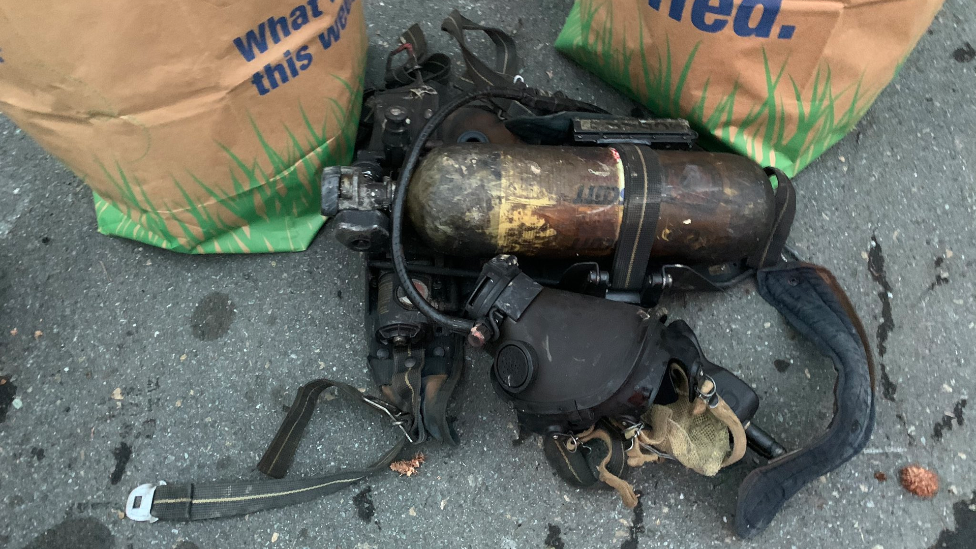 A firefighter's SCBA and air pack shows signs of heavy fire damage after four firefighters were injured at a trailer fire in North East, MD, on Wednesday, Feb. 10, 2021.
