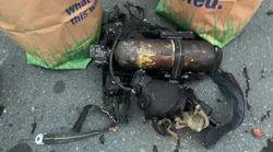 A firefighter's SCBA and air pack shows signs of heavy fire damage after four firefighters were injured at a trailer fire in North East, MD, on Wednesday, Feb. 10, 2021.