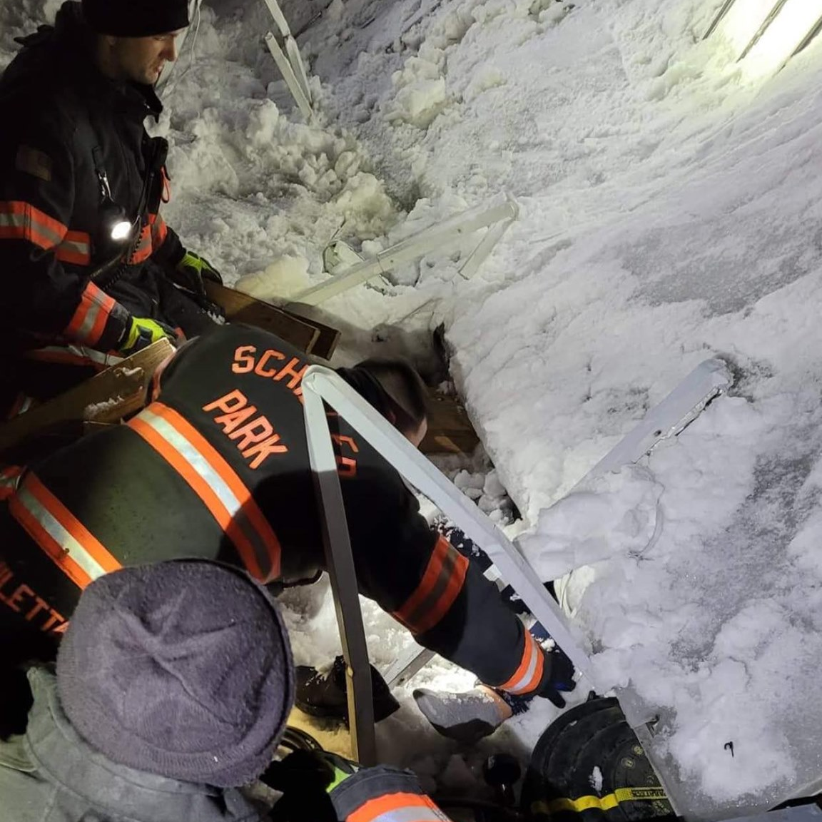 Schiller Park, IL, firefighters used an air bag system to rescue a woman pinned beneath a collapsed, snow-covered awning late Tuesday.