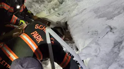 Schiller Park, IL, firefighters used an air bag system to rescue a woman pinned beneath a collapsed, snow-covered awning late Tuesday.