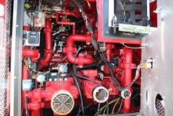 Fire pump piping, wire harnesses, foam system components and drain lines should be inspected for proper securement, line chaffing and labeling on critical components. Underchassis and inside pump enclosure review should be part of any final inspection. Fire pump piping, wire harnesses, foam system components and drain lines should be inspected for proper securement, line chaffing and labeling on critical components. Underchassis and inside pump enclosure review should be part of any final inspection.