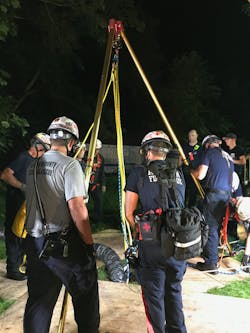 Per standard protocol, the atmospheric conditions in the confined space were double-checked against the reading from the four-gas meter that the very first rescuer brought down into the hole with him. Quite quickly after the second meter was lowered into the hole, its alarm sounded. The oxygen level in the confined space was low. A ventilation fan was brought in to mitigate the problem. Per standard protocol, the atmospheric conditions in the confined space were double-checked against the reading from the four-gas meter that the very first rescuer brought down into the hole with him. Quite quickly after the second meter was lowered into the hole, its alarm sounded. The oxygen level in the confined space was low. A ventilation fan was brought in to mitigate the problem.