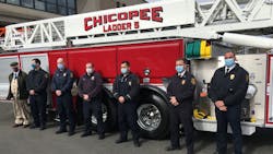 Chicopee, MA, Fire Department members stand in front of the city's new aerial. From right to left, Deputy Chief Matthew Cross, Chief Daniel Stamborski, Lt. Matthew Zabik, firefighter Joseph Berge, Capt. Ryan Lynch, firefigher Liam St. Marie and City Councilor Gerard Roy, a retired firefighter. Chicopee, MA, Fire Department members stand in front of the city's new aerial. From right to left, Deputy Chief Matthew Cross, Chief Daniel Stamborski, Lt. Matthew Zabik, firefighter Joseph Berge, Capt. Ryan Lynch, firefigher Liam St. Marie and City Councilor Gerard Roy, a retired firefighter.