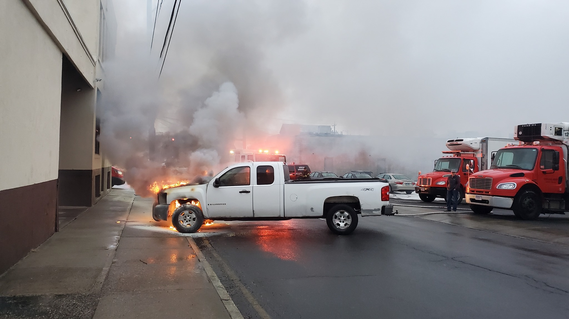 An off-duty Northville, CT, assistant fire chief used a forklift to handle a truck that caught in a loading at Omaha Beef Company in Danbury on Saturday.