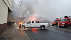An off-duty Northville, CT, assistant fire chief used a forklift to handle a truck that caught in a loading at Omaha Beef Company in Danbury on Saturday. An off-duty Northville, CT, assistant fire chief used a forklift to handle a truck that caught in a loading at Omaha Beef Company in Danbury on Saturday.