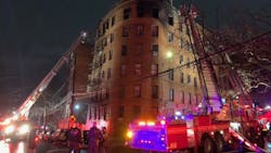 Five FDNY firefighters were injured--two seriously--battling a four-alarm blaze Sunday night in the Bronx. Five FDNY firefighters were injured--two seriously--battling a four-alarm blaze Sunday night in the Bronx.