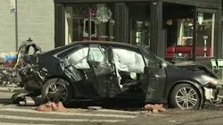 At least six people--including at least two children--were injured when a two-car accident sent one of the vehicles crashing into an outdoor dining area on Manhattan's East Side on Friday.