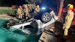 Orange County firefighters at the scene a crash between a pickup and car that left three dead. Orange County firefighters at the scene a crash between a pickup and car that left three dead.
