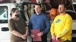 Joan Grimm thanks Airville firefighter Ryan Shaull (center) and Citizens firefighter Paul Scott for rescuing her last month.