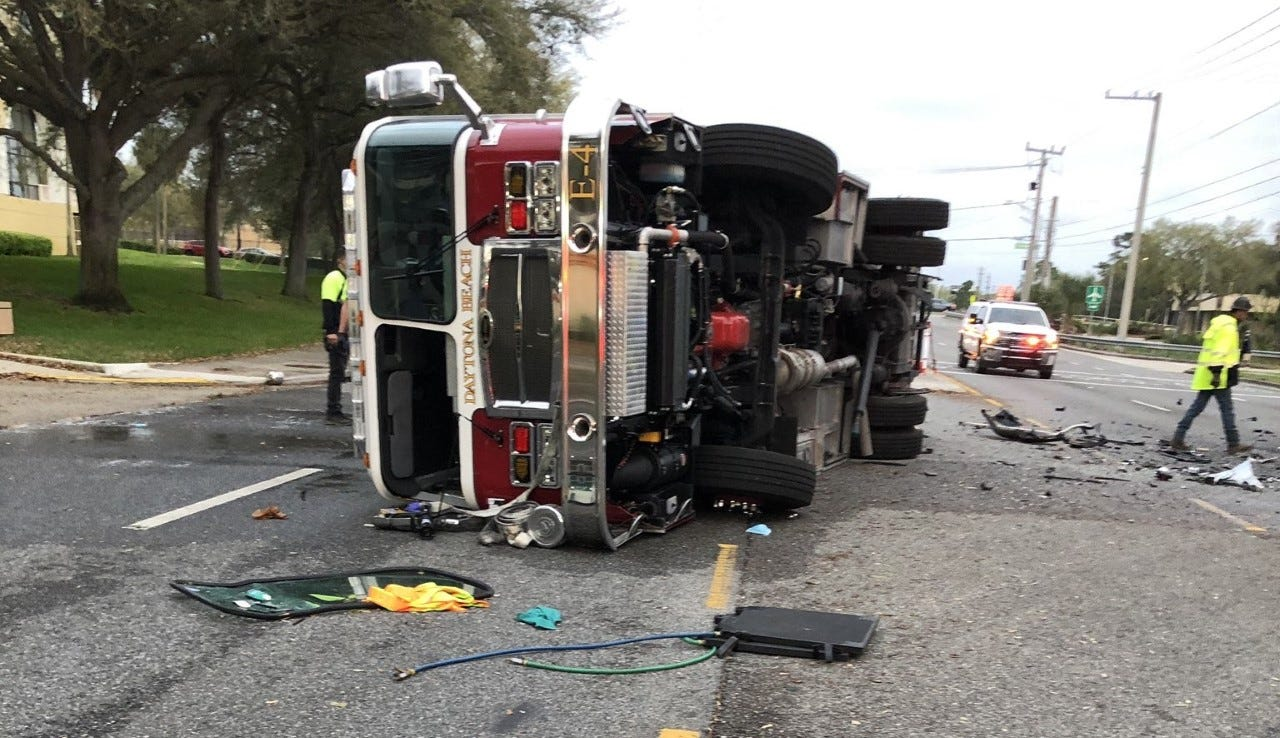 Five Daytona Beach firefighters were injured in the crash after a vehicle rear-ended the pumper.
