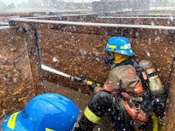 Once training moves into the “walk” phase—full PPE and SCBA added, entry into the training prop—for the nozzle position, students are told that they must flow for two seconds at every corner, to cover all of the surfaces of the prop. Once training moves into the “walk” phase—full PPE and SCBA added, entry into the training prop—for the nozzle position, students are told that they must flow for two seconds at every corner, to cover all of the surfaces of the prop.