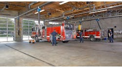 The apparatus bays of the San Jose, CA, Fire Department&rsquo;s Station 35 have exposed concrete floors and exposed concrete masonry unit (CMU) walls. Concrete floors are highly durable and require little maintenance. The same can be said for walls that are constructed out of CMU once the CMU is sealed.