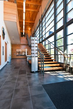 The lobby of the Roseburg, OR, Public Safety Center has porcelain tile flooring. Porcelain tile is very durable, but its grout lines require more maintenance than most floors that are made of a different material.