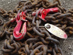 It is required that rescue chain that was “certified” when new should have that tag permanently affixed to maintain certification. However, this tagged length of rescue chain shows signs of physical corrosion and deterioration, most likely because of poor storage conditions on the rescue vehicle. If determined to have excessive pitting or corrosion, the chain should be evaluated further. It is required that rescue chain that was “certified” when new should have that tag permanently affixed to maintain certification. However, this tagged length of rescue chain shows signs of physical corrosion and deterioration, most likely because of poor storage conditions on the rescue vehicle. If determined to have excessive pitting or corrosion, the chain should be evaluated further.