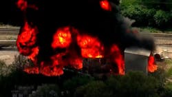 A firefighter was injured battling a large fire at a chemical factory in Affton, MO, on Thursday. A firefighter was injured battling a large fire at a chemical factory in Affton, MO, on Thursday.