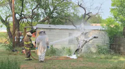 A Breckenridge, TX, firefighter and a beekeeper use foam to deal with a 'very aggressive' bee swarm at a home Monday.