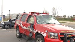 A Buffalo, NY, Fire Department officer was injured after another vehicle T-boned the official's SUV on the way to a call Saturday. A Buffalo, NY, Fire Department officer was injured after another vehicle T-boned the official's SUV on the way to a call Saturday.