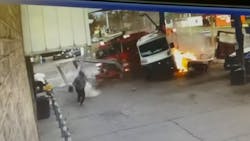 A Detroit fire apparatus collided with an SUV and crashed into a cargo van at a gas station pump Wednesday, injuring three firefighters and four others.