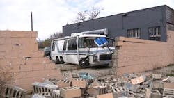 A Detroit Fire Department EMS unit carrying a patient crashed into a brick wall following an accident with an SUV on Sunday. A Detroit Fire Department EMS unit carrying a patient crashed into a brick wall following an accident with an SUV on Sunday.