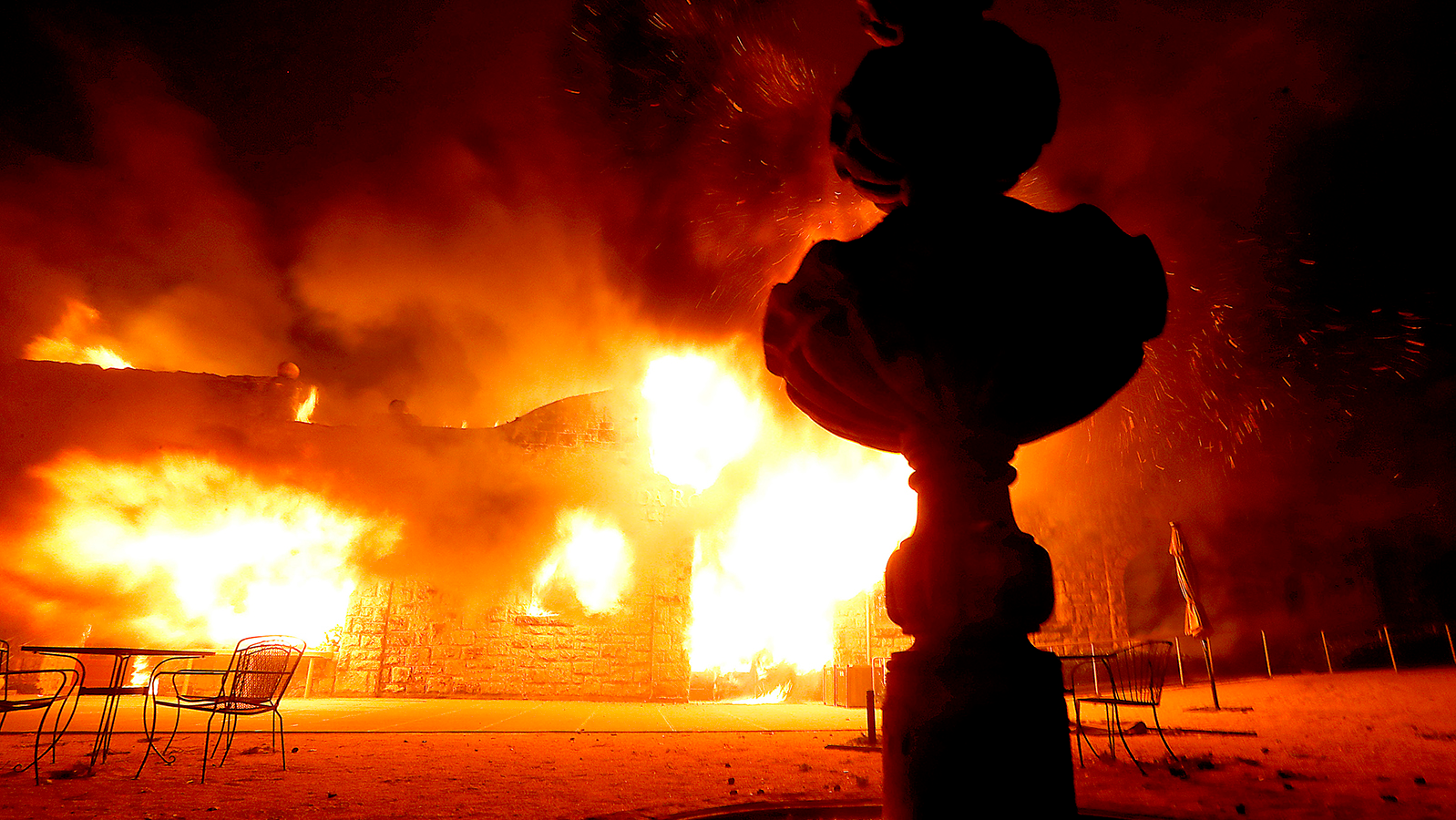 The Soda Ranch winery along State Highway 128 near Healdsburg is engulfed by flames from the Kincade Fire on Oct. 27, 2019.