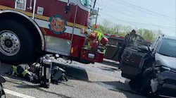 A Richmond, VA, Fire Department apparatus used as a blocker at the scene of a car fire was struck by another vehicle Wednesday.