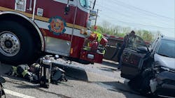 A Richmond, VA, Fire Department apparatus used as a blocker at the scene of a car fire was struck by another vehicle Wednesday.