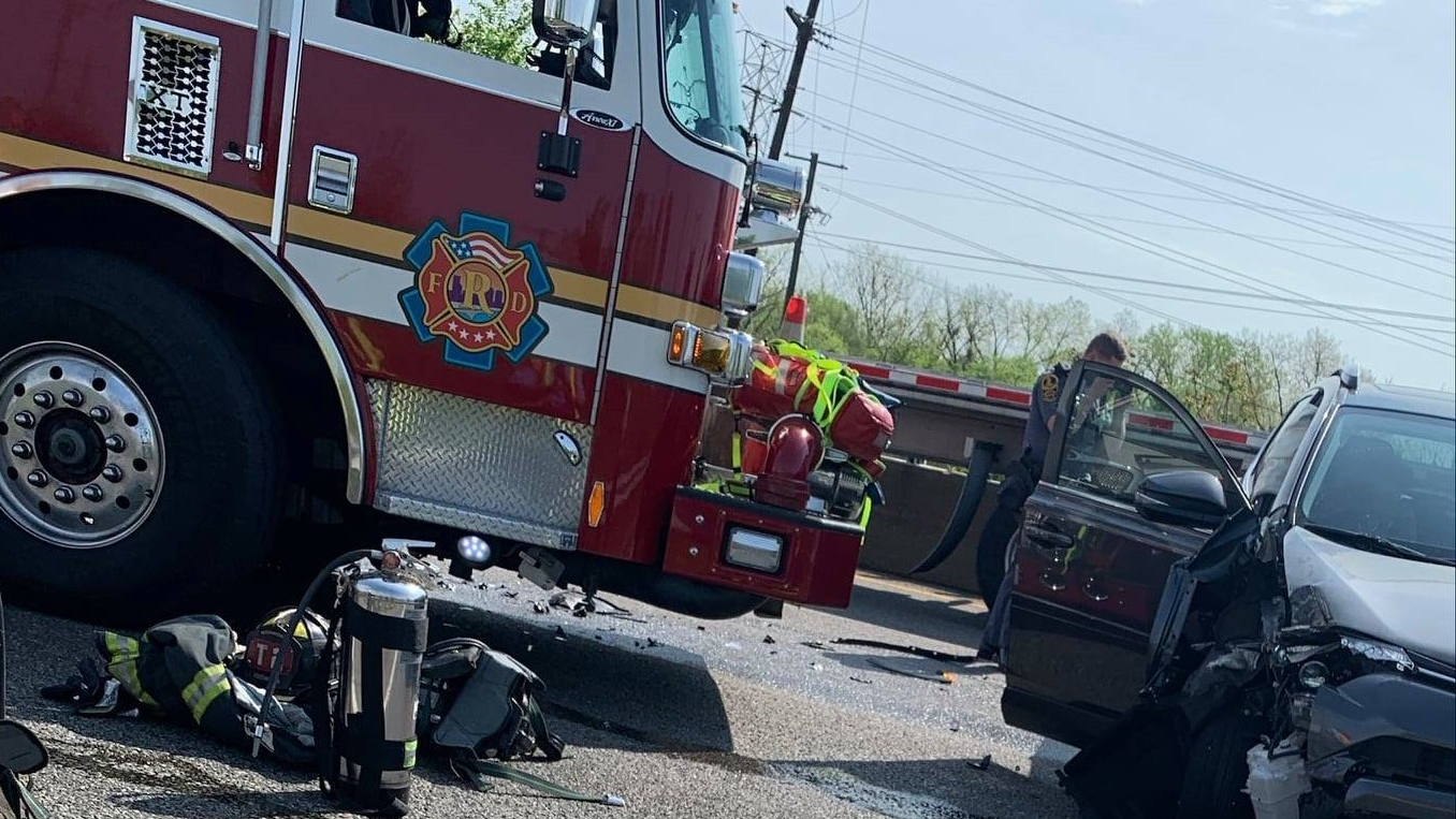 A Richmond, VA, Fire Department apparatus used as a blocker at the scene of a car fire was struck by another vehicle.