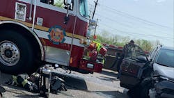 A Richmond, VA, Fire Department apparatus used as a blocker at the scene of a car fire was struck by another vehicle. A Richmond, VA, Fire Department apparatus used as a blocker at the scene of a car fire was struck by another vehicle.