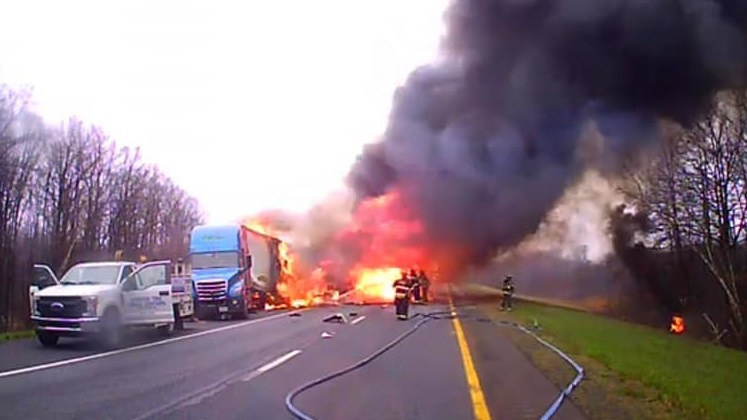 Firefighters worked for hours at the scene of a fiery collision between two tractor-trailers in Schuylkill County, PA, on Monday.