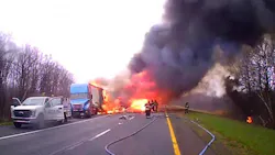 Firefighters worked for hours at the scene of a fiery collision between two tractor-trailers in Schuylkill County, PA, on Monday.