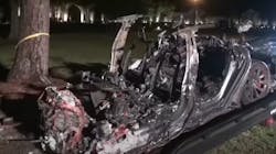 Woodlands, TX, firefighters extinguished the flames of a Tesla that crashed and exploded Saturday night, killing two people.