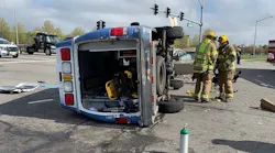 Five people were injured when a privately owned Virginia Beach, VA, ambulance collided with a car Monday, putting the emergency vehicle on its side.