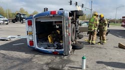 Five people were injured when a privately owned Virginia Beach, VA, ambulance collided with a car Monday, putting the emergency vehicle on its side. Five people were injured when a privately owned Virginia Beach, VA, ambulance collided with a car Monday, putting the emergency vehicle on its side.