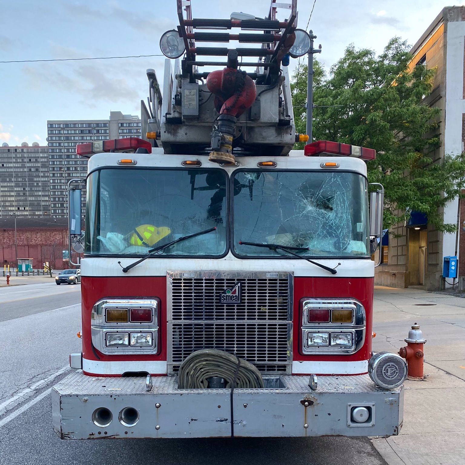 Cleveland Fire Department's Ladder 23 was placed out of service because of a damaged windshield after bottles and rocks were thrown at it during protests in response to the Memorial Day death of George Floyd last year.