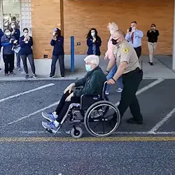 East Dover, NJ, Fire Company District Chief Brian Sauers was greeted by over 100 firefighter and police officers as he left the rehab center where he had been since suffering a medical event during a March wildfire.