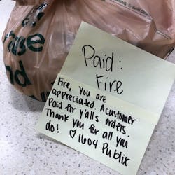 A stranger paid for the groceries of Mobile, AL, firefighters who were called to an emergency while shopping Wednesday. A stranger paid for the groceries of Mobile, AL, firefighters who were called to an emergency while shopping Wednesday.