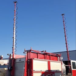 The extended transmitter masts for the POINTER system that would be deployed at the scene of a fire. The extended transmitter masts for the POINTER system that would be deployed at the scene of a fire.