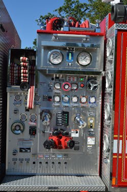 The Waldorf, MD, Volunteer Fire Department had Pierce Manufacturing construct this pump panel with a flush access panel around the steamer inlet and 2½-inch discharges. Note the location of the electronic throttle and relief valve below the 6-inch master gauges. The Waldorf, MD, Volunteer Fire Department had Pierce Manufacturing construct this pump panel with a flush access panel around the steamer inlet and 2½-inch discharges. Note the location of the electronic throttle and relief valve below the 6-inch master gauges.