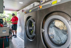 Rather than the water from the MEU extractors being emptied into a sewer or septic tank, it’s run to a wastewater tank. This makes it possible to sample water to measure the type and amount of toxins that are removed from gear. Rather than the water from the MEU extractors being emptied into a sewer or septic tank, it’s run to a wastewater tank. This makes it possible to sample water to measure the type and amount of toxins that are removed from gear.