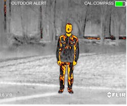 FLIR System’s “outdoor alert” color palette uses Black Hot as its base palette but highlights the hottest 10 percent of the image within the immediate field of view with an orange colorization. FLIR System’s “outdoor alert” color palette uses Black Hot as its base palette but highlights the hottest 10 percent of the image within the immediate field of view with an orange colorization.