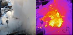 An Iron Bow or Fusion color palette can be used for guiding elevated master streams during a defensive fire attack. Notice how the heat source stands out, but the remaining image is difficult to discern. As the drone-mounted thermal imager switches from high gain to low gain (or high sensitivity to low sensitivity), the heat source becomes clear but the areas outside of the heat source lose detail. An Iron Bow or Fusion color palette can be used for guiding elevated master streams during a defensive fire attack. Notice how the heat source stands out, but the remaining image is difficult to discern. As the drone-mounted thermal imager switches from high gain to low gain (or high sensitivity to low sensitivity), the heat source becomes clear but the areas outside of the heat source lose detail.