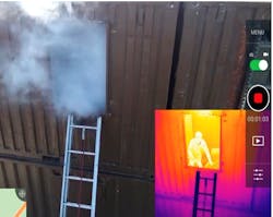 With qualitative thermography via a thermal imager on a drone, a victim can be seen clearly through smoke. With qualitative thermography via a thermal imager on a drone, a victim can be seen clearly through smoke.
