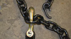 Premise 1. This destructive overload test had the standard grab hook placed over the weld side of the chain. Only slight bending of the hook resulted, with some marks on the link that the hook was grabbing. Note that the chain link that actually failed (upper right) wasn’t at the grab hook and didn’t fail at the weld. Premise 1. This destructive overload test had the standard grab hook placed over the weld side of the chain. Only slight bending of the hook resulted, with some marks on the link that the hook was grabbing. Note that the chain link that actually failed (upper right) wasn’t at the grab hook and didn’t fail at the weld.