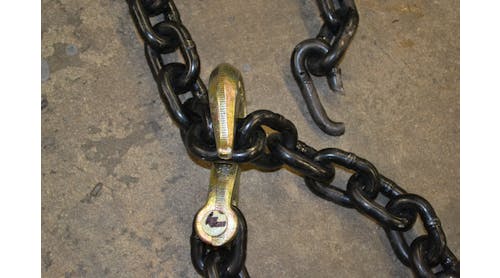 Premise 1. This destructive overload test had the standard grab hook placed over the weld side of the chain. Only slight bending of the hook resulted, with some marks on the link that the hook was grabbing. Note that the chain link that actually failed (upper right) wasn&rsquo;t at the grab hook and didn&rsquo;t fail at the weld.