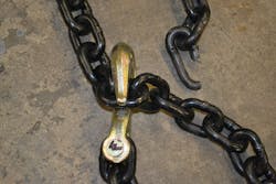 Premise 1. This destructive overload test had the standard grab hook placed over the weld side of the chain. Only slight bending of the hook resulted, with some marks on the link that the hook was grabbing. Note that the chain link that actually failed (upper right) wasn&rsquo;t at the grab hook and didn&rsquo;t fail at the weld.