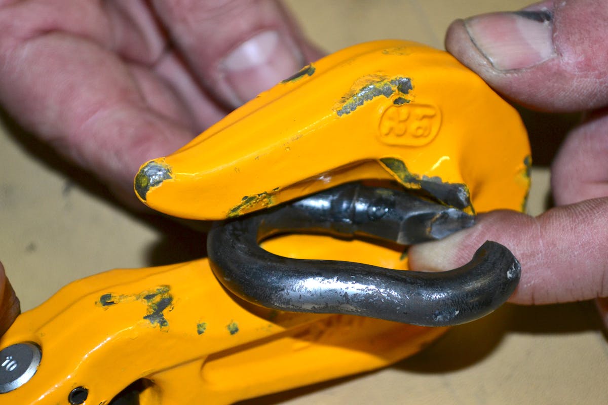 The link placed into the throat of the grab hook with ears failed not at its&rsquo; weld but at the end of one ear. The grab hook itself also received damage in this test.