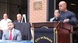 Newark, NJ, Mayor Ras Baraka, right, speaks at a press conference with Public Safety Director Brian O'Hara, left, about a new initiative for firefighters on May 28, 2021.
