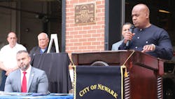 Newark, NJ, Mayor Ras Baraka, right, speaks at a press conference with Public Safety Director Brian O&apos;Hara, left, about a new initiative for firefighters on May 28, 2021.