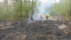 A firefighter was injured battling a wildfire that burned through 12 acres in Brownsfield, ME, on Monday. A firefighter was injured battling a wildfire that burned through 12 acres in Brownsfield, ME, on Monday.