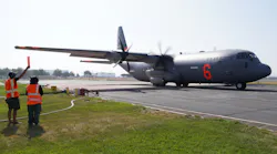 A U.S. Air National Guard C130-J Hercules from the 146th Airlift Wing prepares for takeoff during training at San Bernardino, CA, Airtanker Base on Thursday.